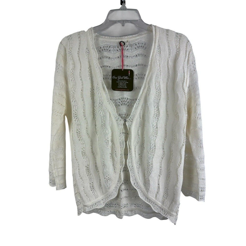 One Girl Who Cardigan Sz L Women's Open Knit Resort Cottagecore Scalloped